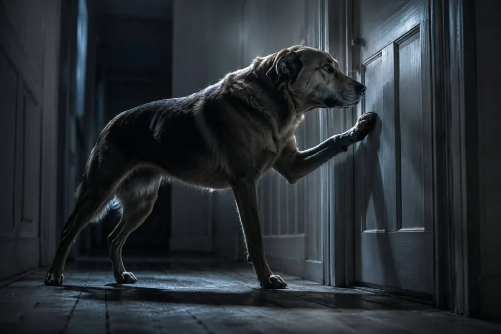 Worried Labrador scratching a closed bedroom door in a dark hallway during the night.