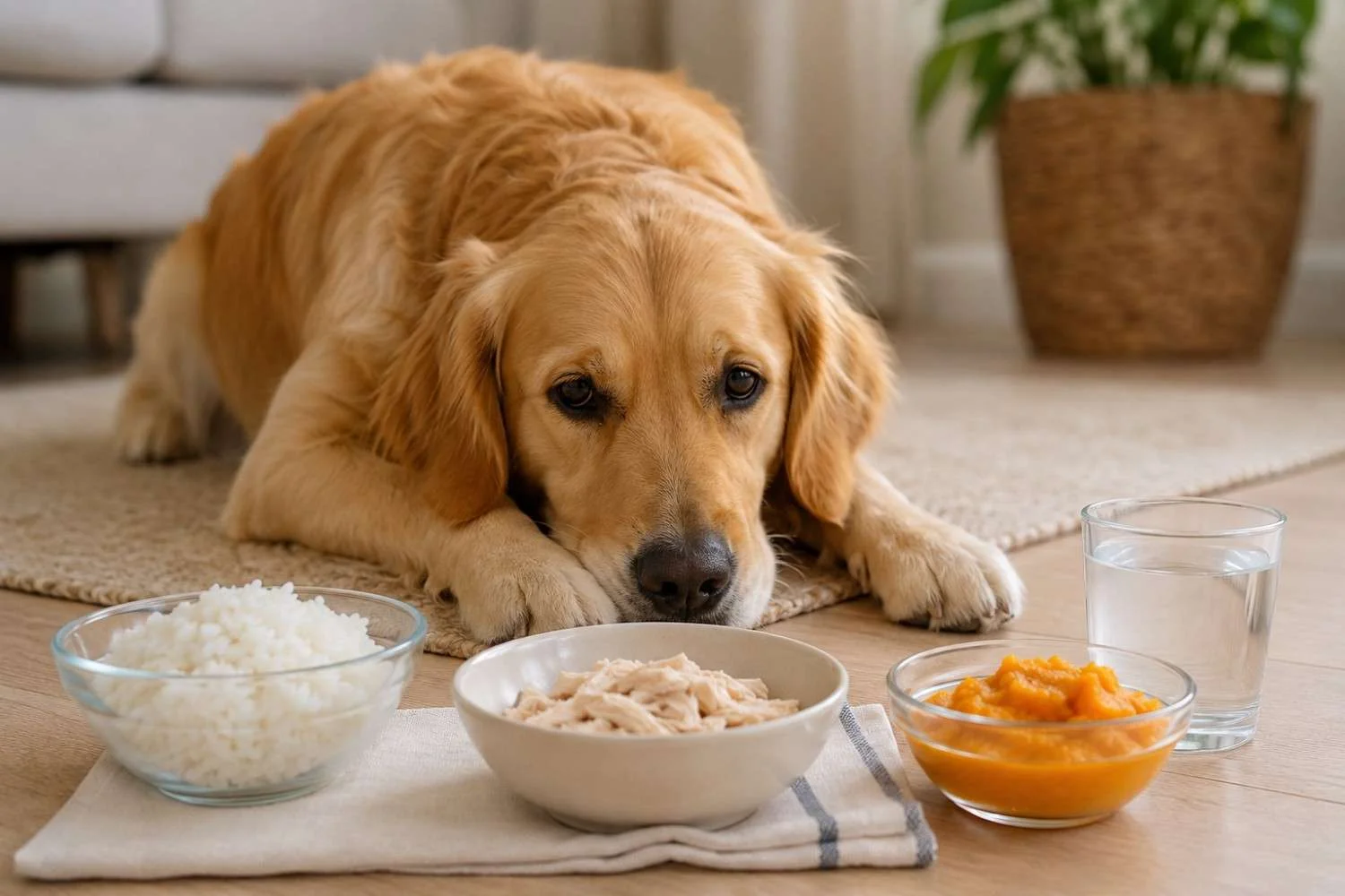 Golden Retriever dog resting indoors with bowls of plain white rice, boiled chicken, pumpkin puree, and water, illustrating natural home remedies for dog diarrhea.