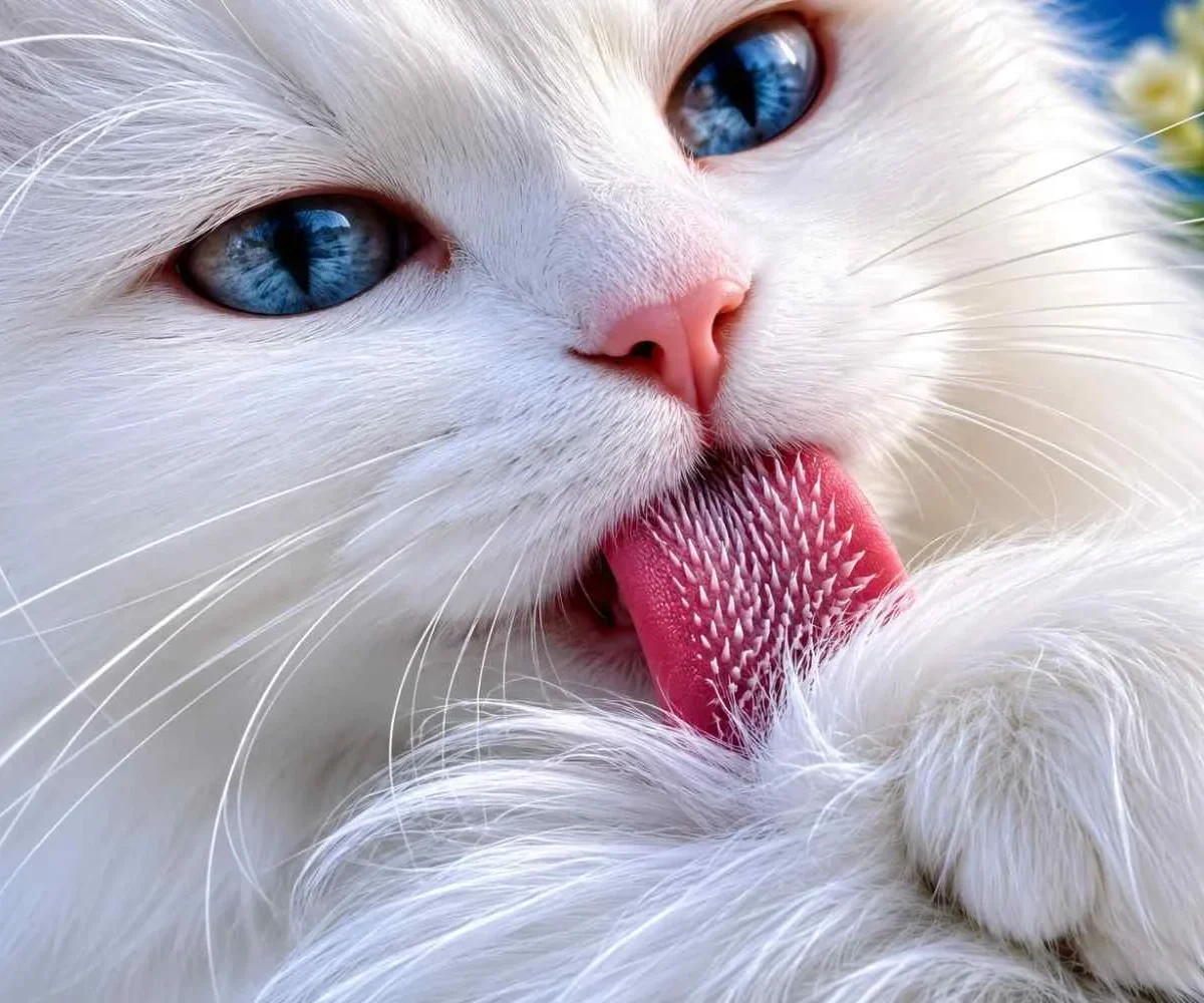 Close-up of a blue-eyed white long-haired cat grooming itself by licking its soft fur, showcasing detailed tongue texture, silky coat, and natural feline self-care behavior.