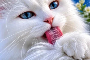 Close-up of a blue-eyed white long-haired cat grooming itself by licking its soft fur, showcasing detailed tongue texture, silky coat, and natural feline self-care behavior.