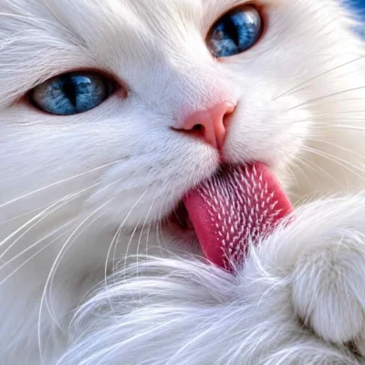 Close-up of a blue-eyed white long-haired cat grooming itself by licking its soft fur, showcasing detailed tongue texture, silky coat, and natural feline self-care behavior.
