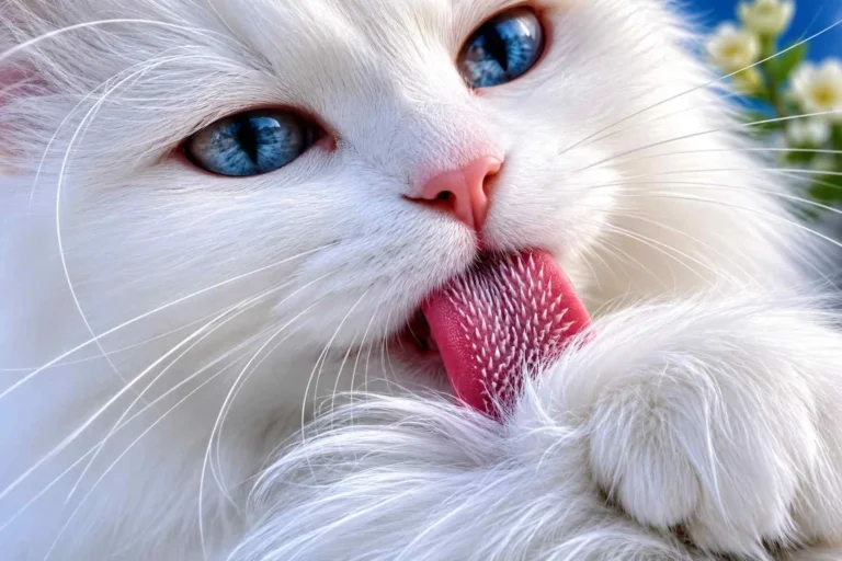 Close-up of a blue-eyed white long-haired cat grooming itself by licking its soft fur, showcasing detailed tongue texture, silky coat, and natural feline self-care behavior.