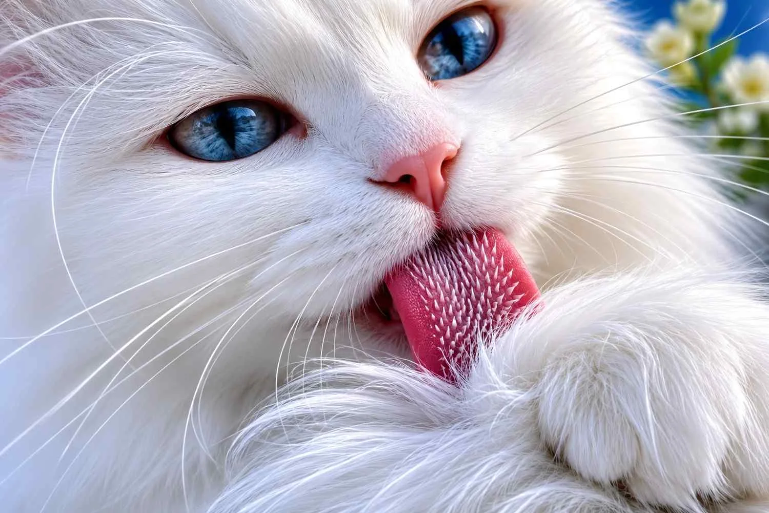 Close-up of a blue-eyed white long-haired cat grooming itself by licking its soft fur, showcasing detailed tongue texture, silky coat, and natural feline self-care behavior.