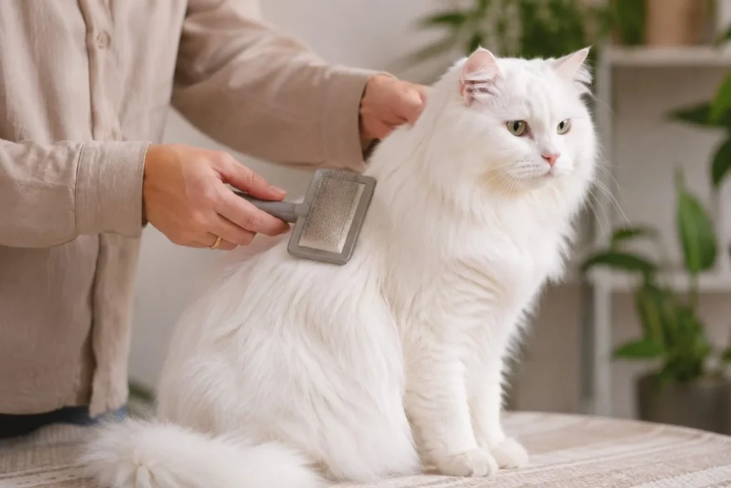 Person gently brushing a fluffy white long-haired cat with a slicker brush during a grooming session in a clean indoor home environment.