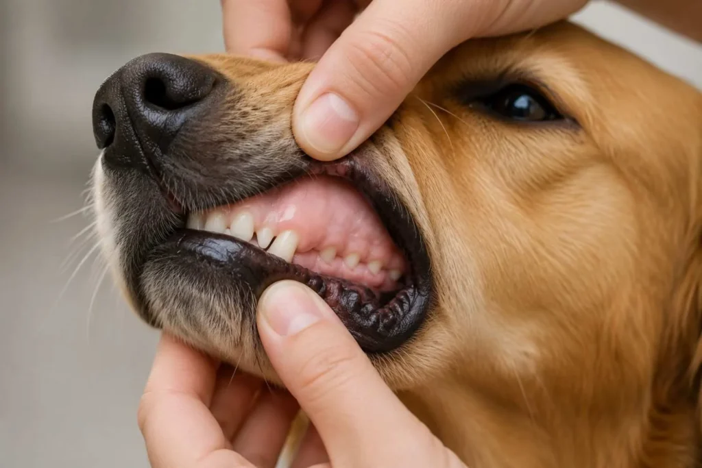 Person checking a dog’s pale pink gums for signs of dehydration during diarrhea.