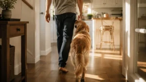 Golden retriever closely following its owner toward the kitchen in a bright modern home filled with warm morning sunlight.