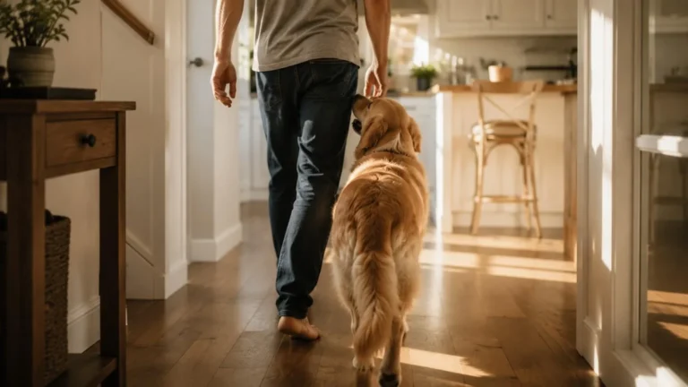 Golden retriever closely following its owner toward the kitchen in a bright modern home filled with warm morning sunlight.