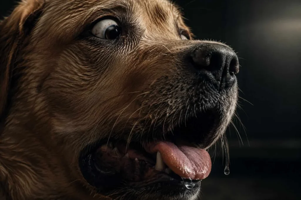 Macro close-up of a panting dog with wide eyes and drooling caused by anxiety.