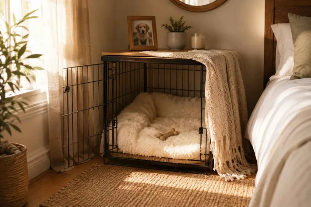 Open dog crate with plush bedding, soft blanket, and chew toy placed in a bright bedroom corner.