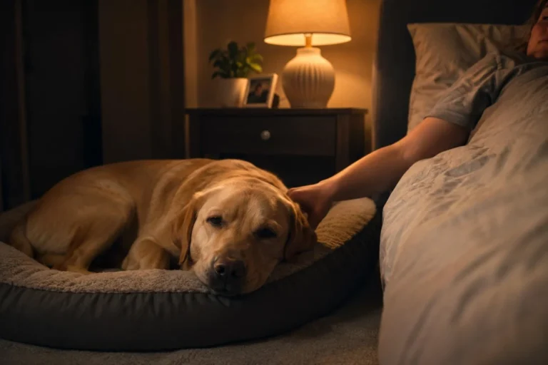 Labrador retriever sleeping peacefully on a plush dog bed beside the owner's bed under warm bedroom lighting.
