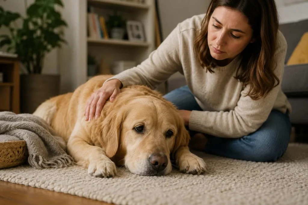 Golden retriever lying on a rug at home looking unwell while its owner gently comforts it