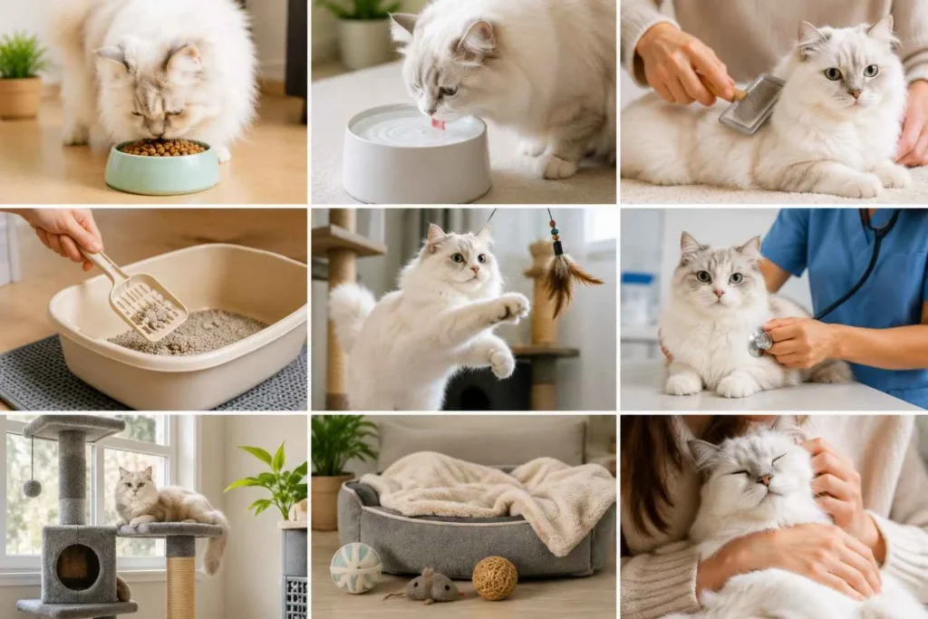 Collage illustrating complete cat care routines, including feeding, providing fresh water, grooming, litter box cleaning, interactive playtime, veterinary checkups, a safe indoor environment, a comfortable resting space, and affectionate bonding with a fluffy white cat.