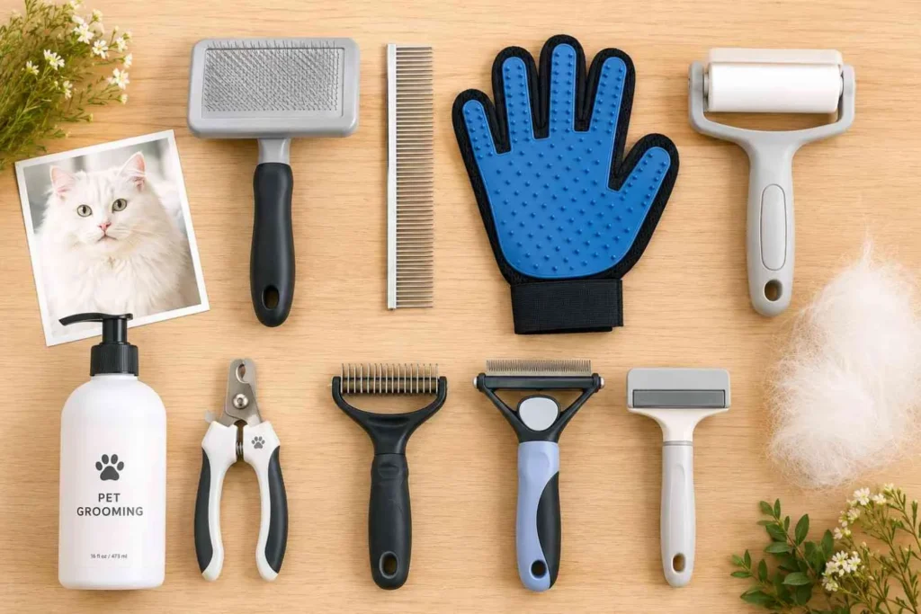 Flat lay of professional cat grooming tools including a slicker brush, metal comb, grooming glove, nail clippers, deshedding tools, and pet grooming supplies neatly arranged on a wooden surface with a white long-haired cat photo.