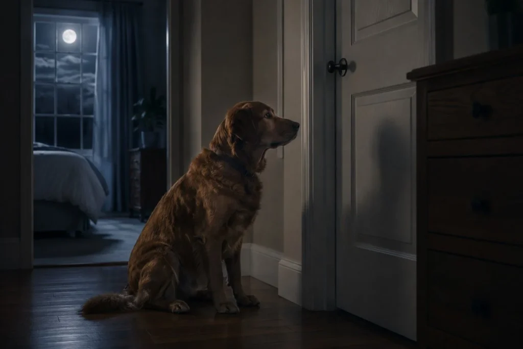 Golden retriever sitting quietly outside a closed bedroom door at night, illuminated by soft moonlight from a nearby window.