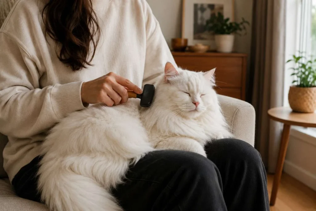 Long-haired white cat being brushed on owner's lap in a cozy living room with warm natural light.