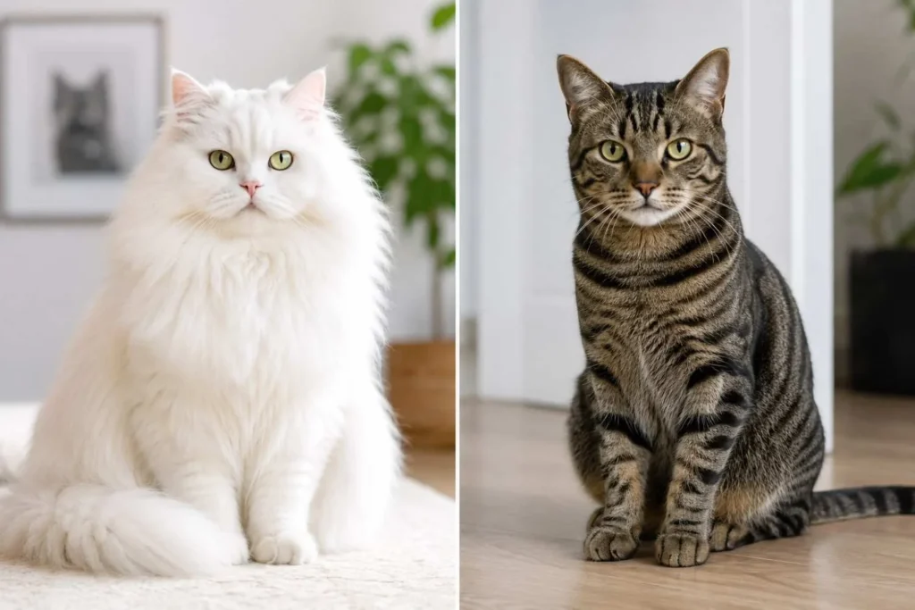 Side-by-side comparison of a fluffy white long-haired cat and a short-haired tabby cat sitting calmly indoors, highlighting the difference between thick and sleek coat types.