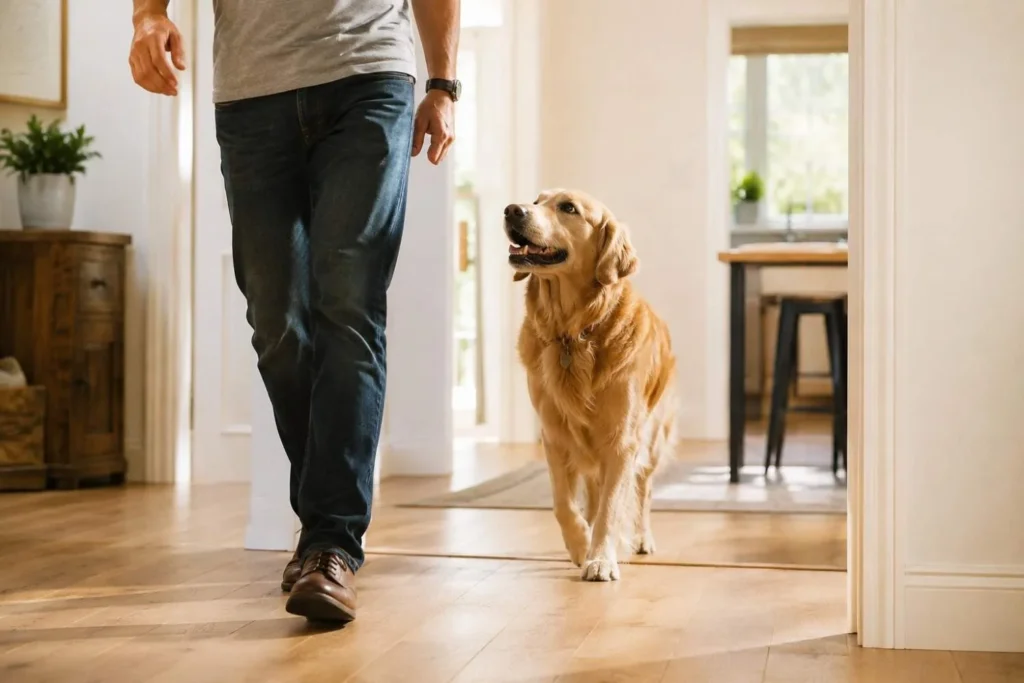 Golden retriever walking closely behind its owner inside a bright modern home filled with warm natural sunlight.