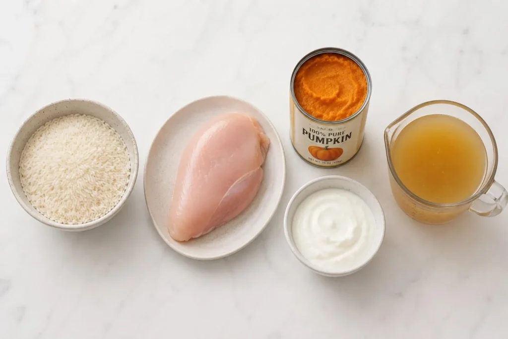 Flat lay of natural food ingredients on a white kitchen counter including white rice, raw chicken breast, pumpkin puree, yogurt, and bone broth arranged in a clean horizontal layout.