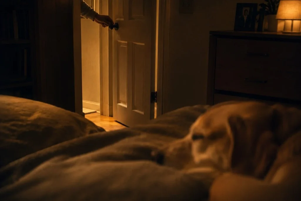 Warm bedroom with owner gently closing the door while a relaxed dog rests comfortably on the bed.