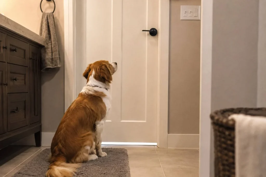 Dog sitting patiently outside a closed bathroom door in a warm home environment, waiting for its owner.