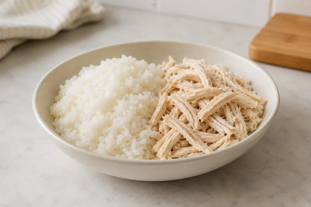 Bowl of plain boiled white rice and shredded chicken on a kitchen counter for a bland dog diet.