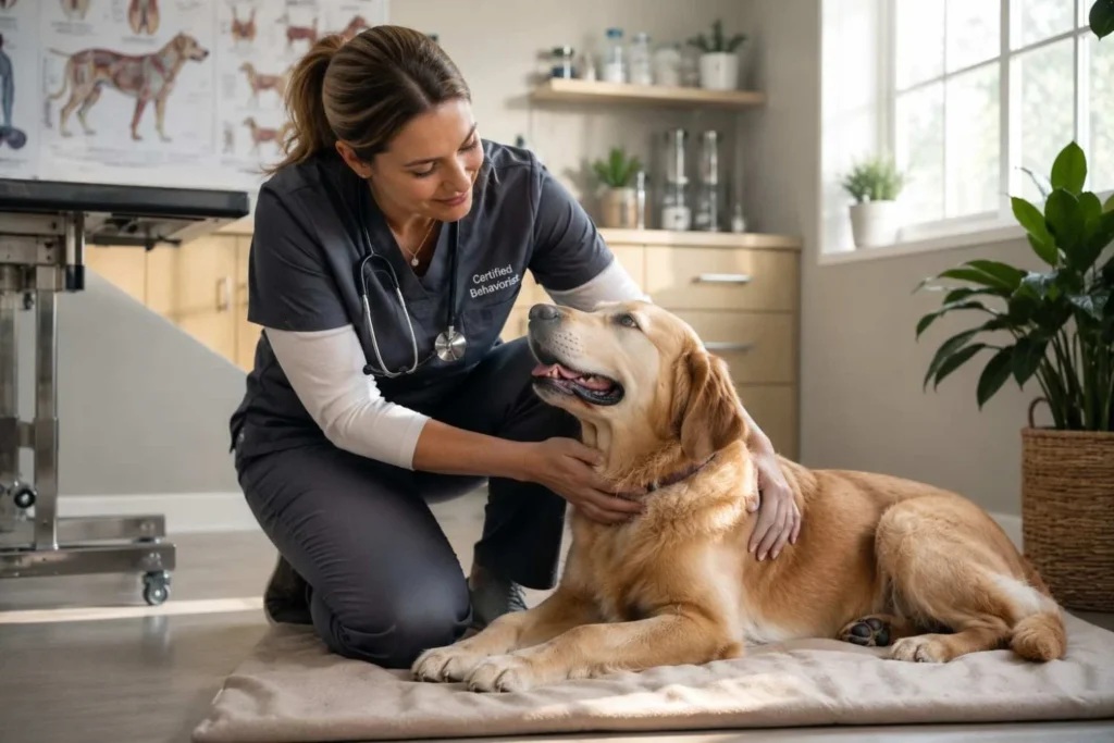 Veterinarian gently examining a calm Labrador in a bright, modern veterinary clinic.