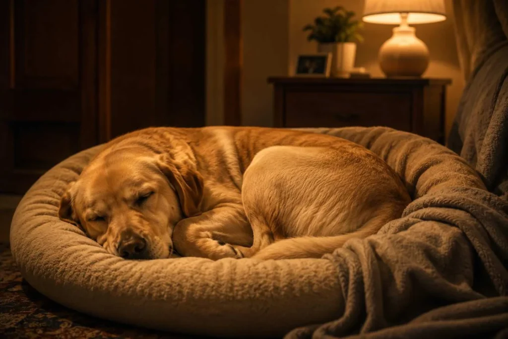 Happy Labrador curled up asleep in a soft cushioned dog bed with warm golden bedroom lighting.