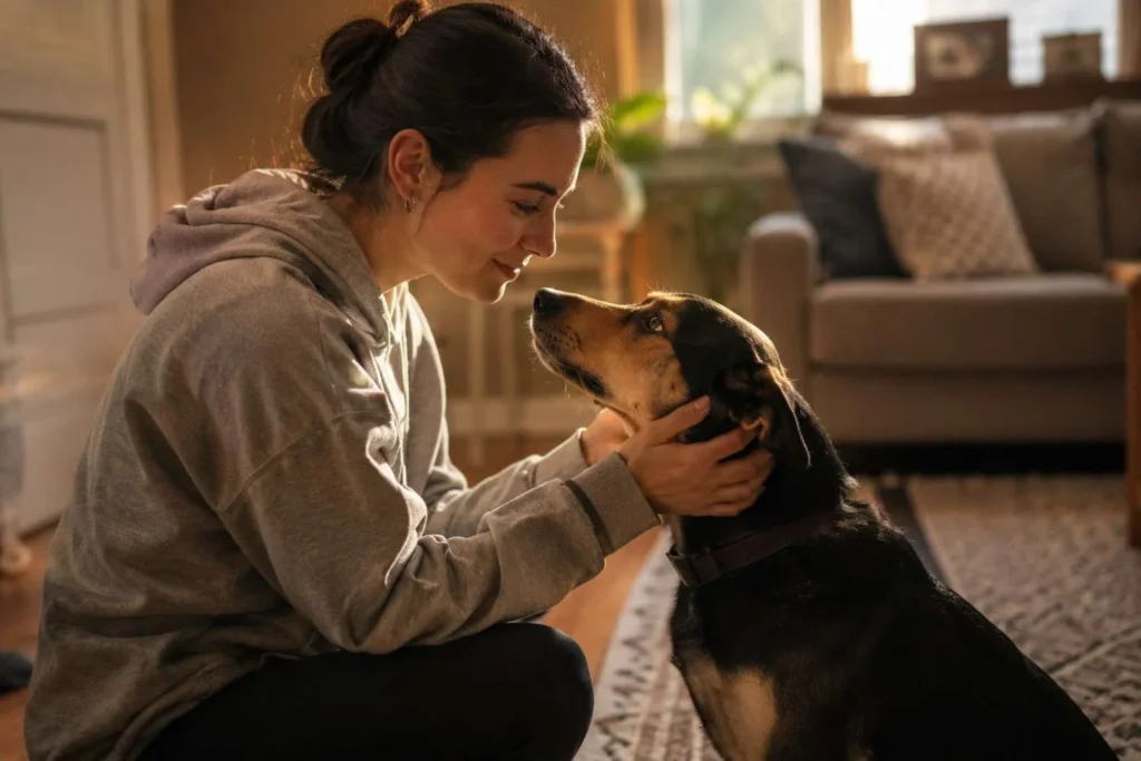 Recently adopted rescue dog looking affectionately at its new owner in a cozy living room filled with warm natural light.