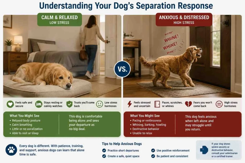 Educational infographic comparing a calm dog resting on a bed while its owner leaves and an anxious dog pacing and whining near a front door.