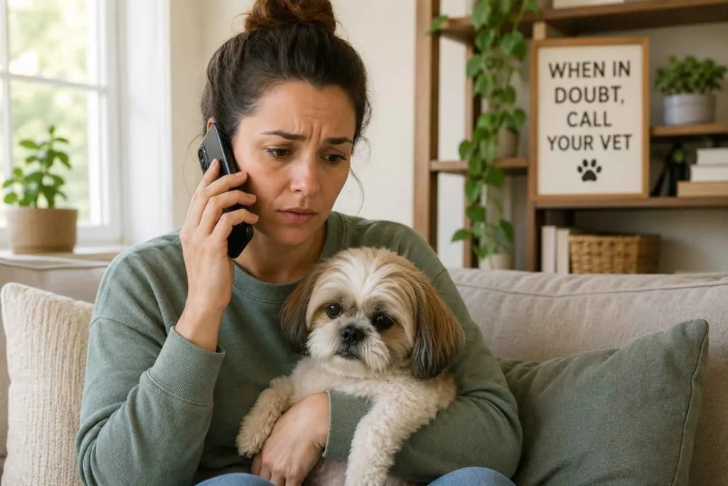 Concerned dog owner holding a small dog while talking on the phone with a veterinarian in a cozy home setting with natural lighting.