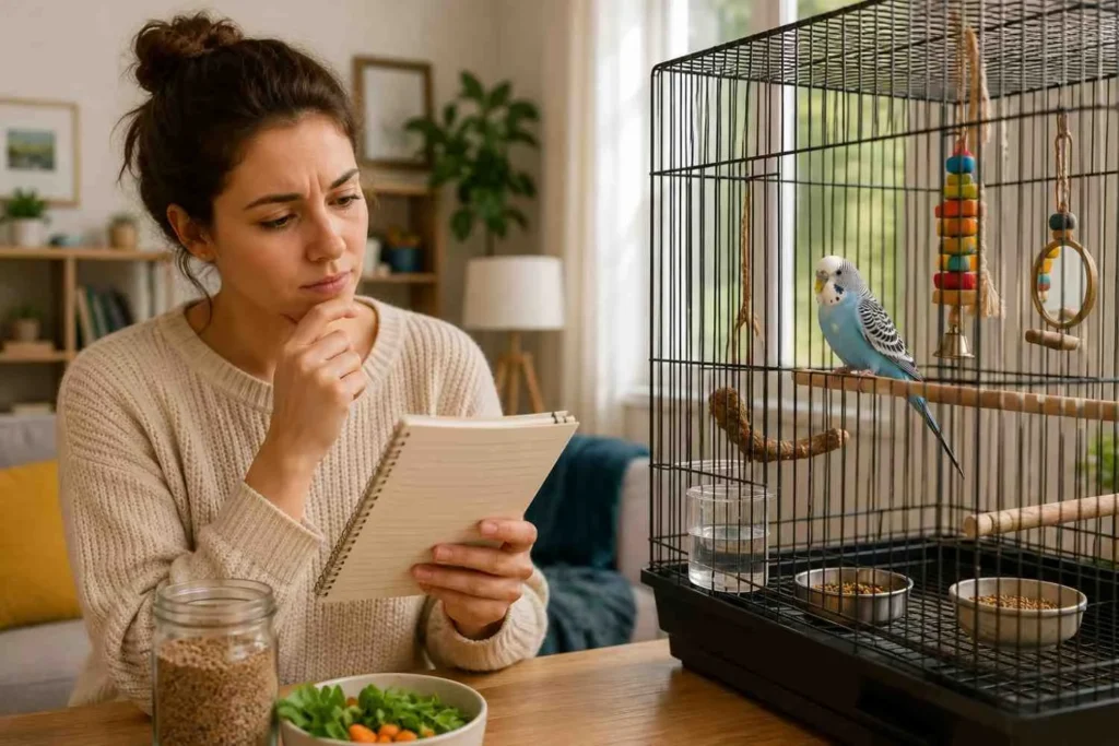 A new bird owner reviewing care notes while observing a calm pet budgie in a well-equipped cage inside a bright, cozy living room.