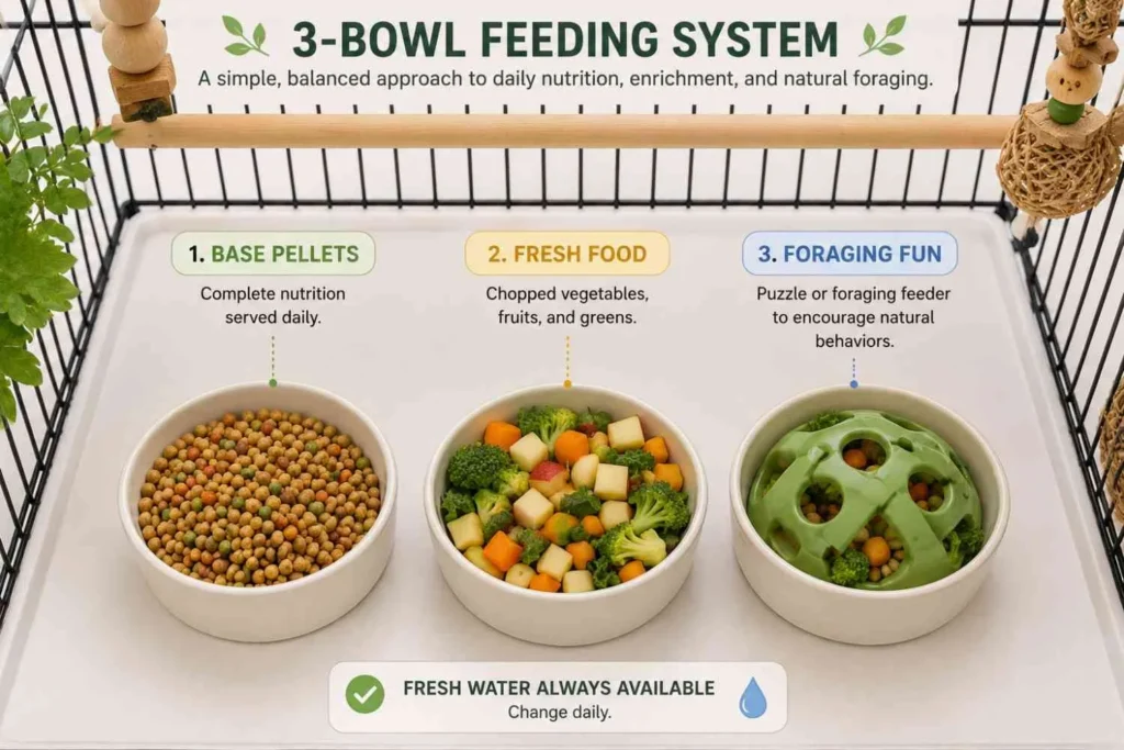 Three feeding bowls arranged inside a pet bird cage, featuring pellets, fresh chopped vegetables, and a foraging puzzle feeder for a balanced daily feeding routine.