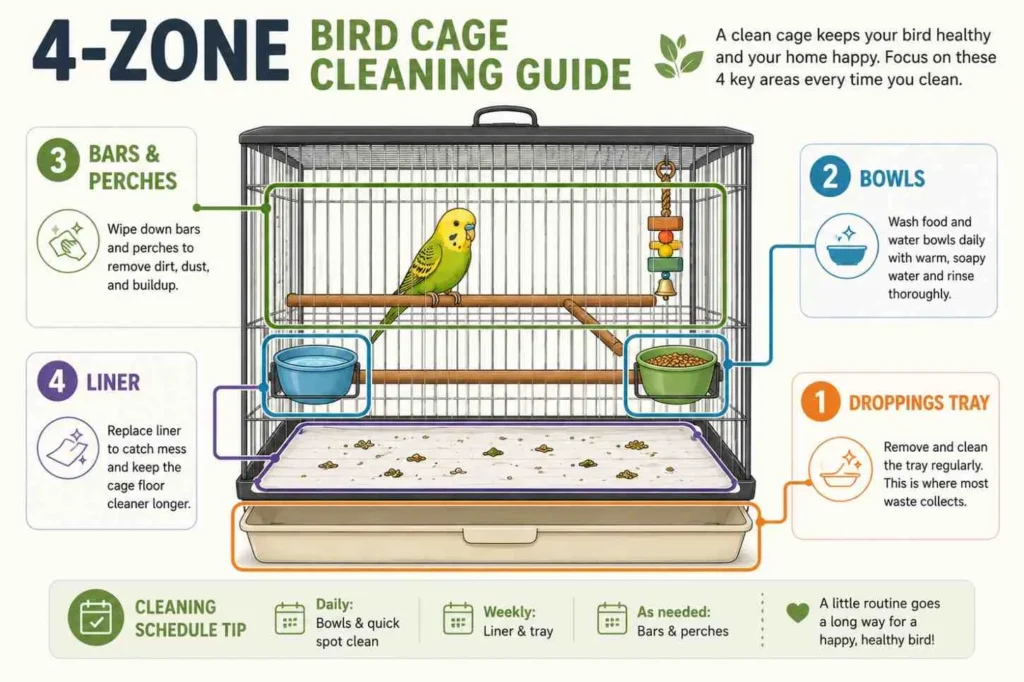 Bird cage cleaning diagram showing four key cleaning zones: droppings tray, food and water bowls, bars and perches, and cage liner.