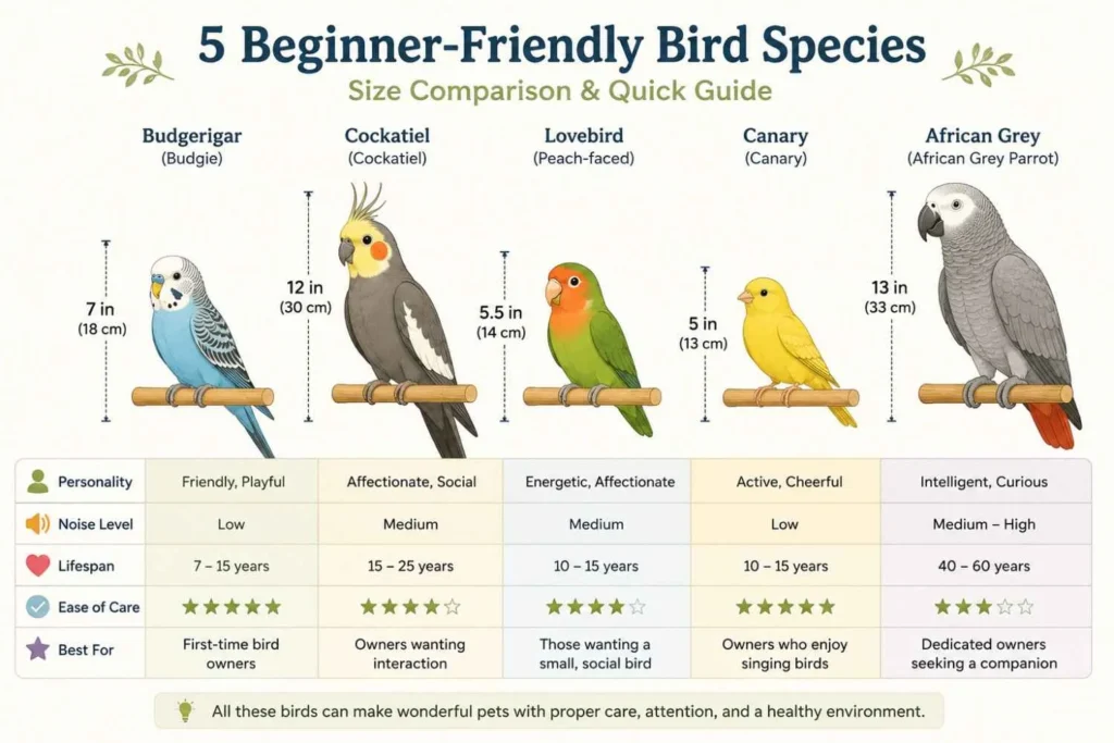 Illustration comparing five popular pet bird species—budgerigar, cockatiel, lovebird, canary, and African grey—displayed side by side at relative sizes in a simple flat-design style.