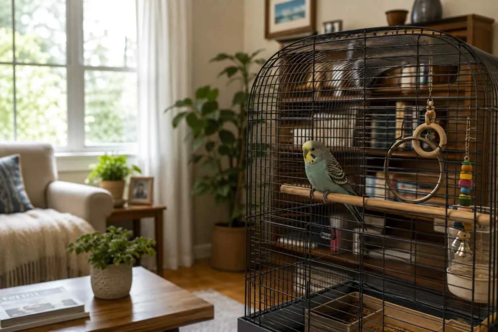 Budgerigar perched calmly on a wooden dowel inside a mid-sized bird cage placed near a sunlit living room window with natural daylight creating a warm and comfortable home environment.