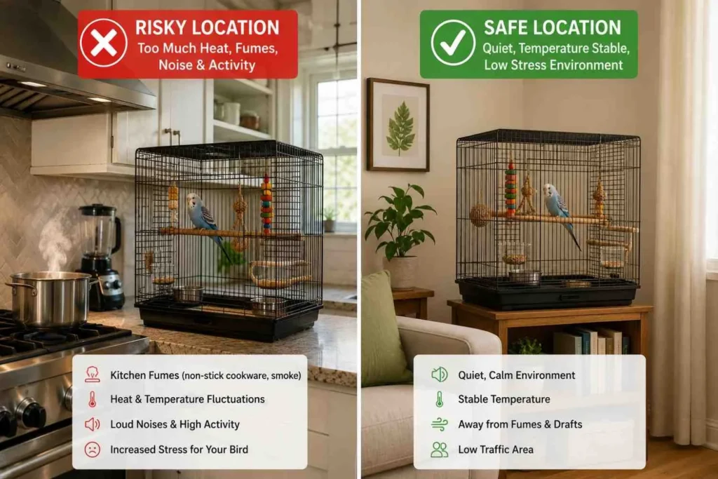 Split comparison showing a pet bird cage placed in a busy kitchen versus a quiet living room corner, illustrating unsafe and safe cage placement.