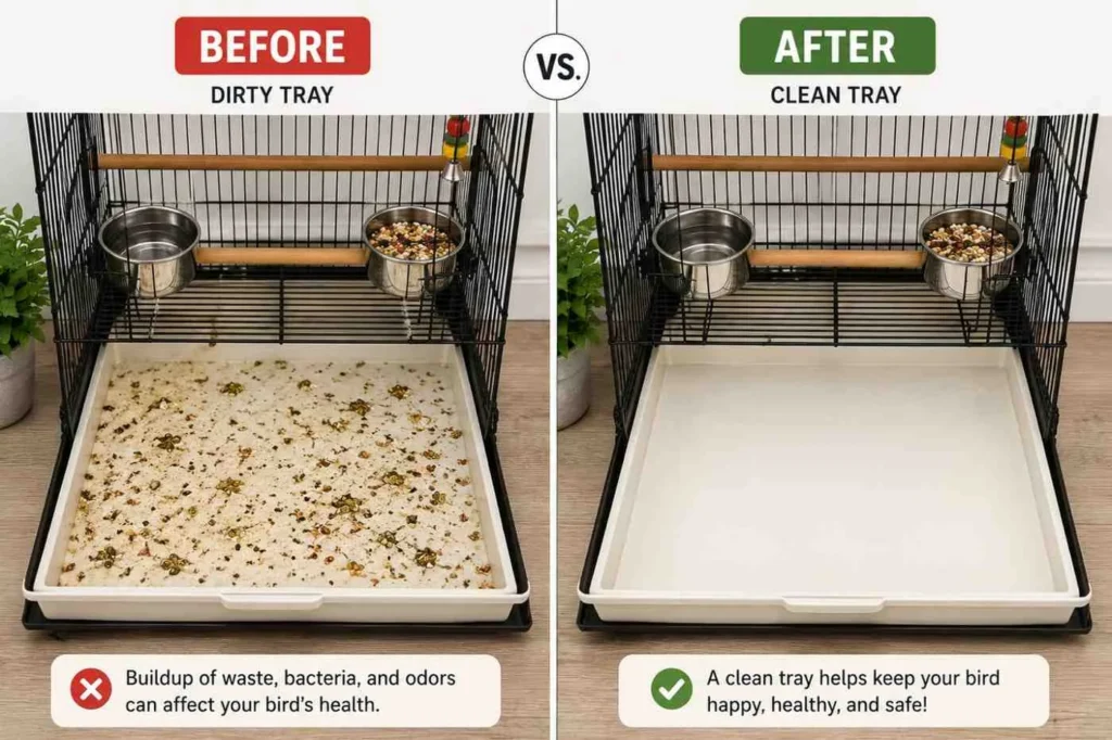 Before and after comparison of a bird cage tray showing a dirty tray with residue beside a spotless tray after cleaning.