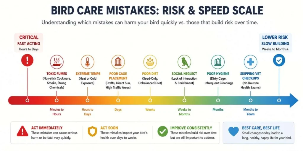 Horizontal infographic ranking common beginner bird care mistakes from critical, fast-acting risks to slower long-term health risks using a color-coded risk scale.