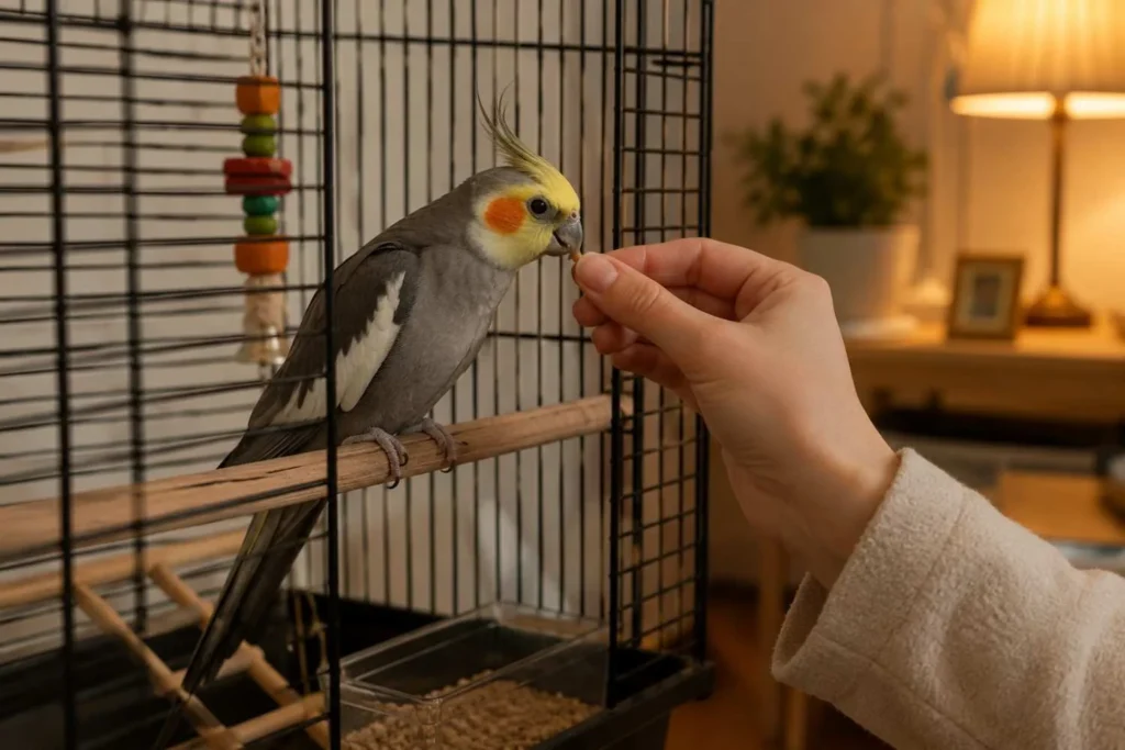 Hand gently offering a treat through the cage bars to a cockatiel during an early bonding session in a warmly lit living room.
