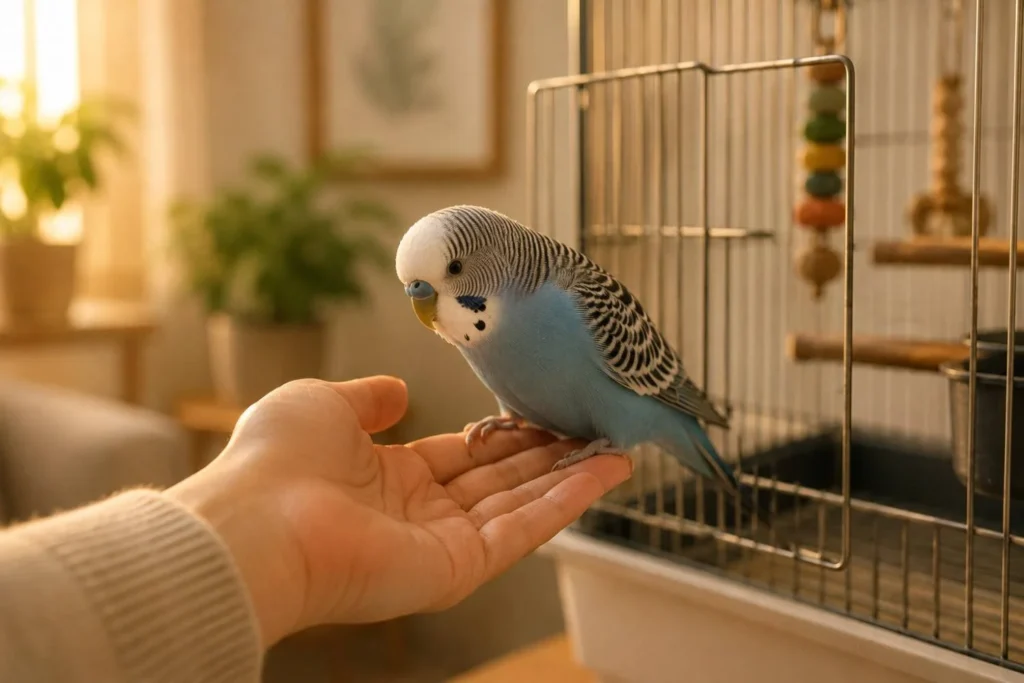Pet bird calmly stepping onto an owner's open hand beside an open cage door, showing trust after several weeks of gentle bonding.