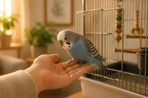 Pet bird calmly stepping onto an owner's open hand beside an open cage door, showing trust after several weeks of gentle bonding.