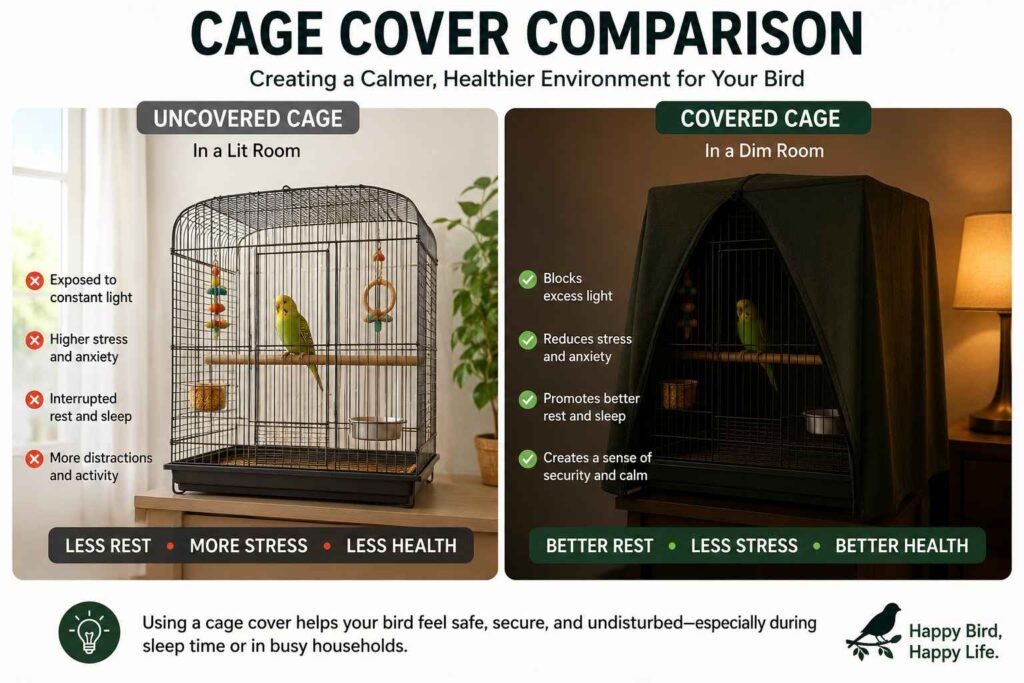 Side-by-side educational comparison showing an uncovered bird cage in a brightly lit room versus a covered bird cage in a dimly lit room. The infographic highlights how a cage cover blocks excess light, reduces stress, promotes better sleep, and creates a calmer, more secure environment for pet birds.