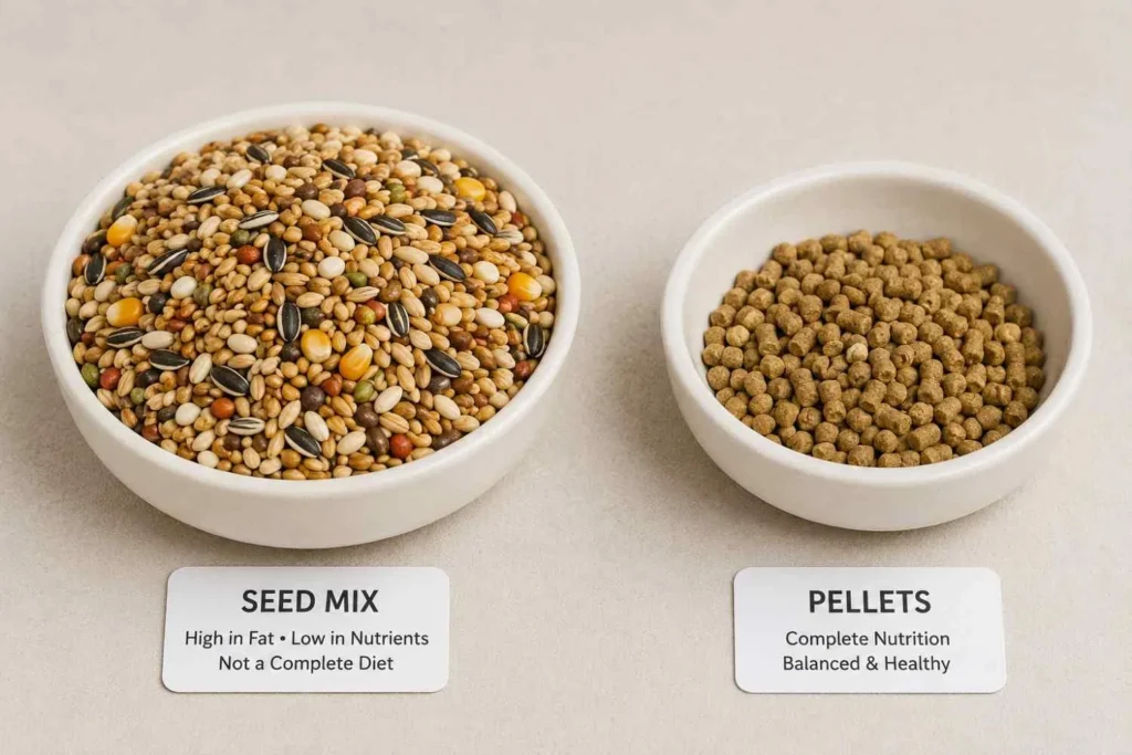 A bowl overflowing with plain bird seed mix sits beside an untouched bowl of bird pellets on a neutral surface, illustrating a common pet bird diet mistake.