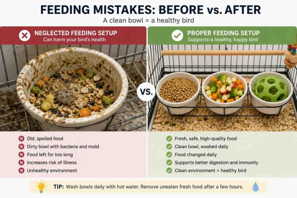 Side-by-side comparison of a dirty bird food bowl with spoiled food and a clean feeding setup with fresh pellets, vegetables, and a foraging feeder inside a bird cage.