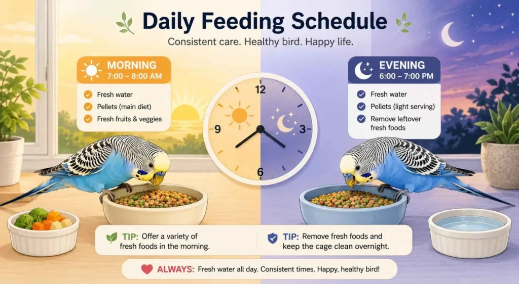 Horizontal illustration showing a pet bird's daily feeding schedule with a morning and evening routine, featuring sunrise and sunset scenes connected by a central clock.
