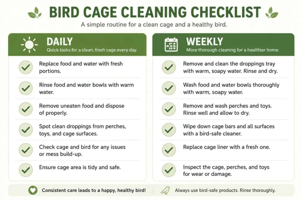 Daily vs. weekly bird cage cleaning checklist infographic with two columns of routine maintenance tasks and checkmark icons.