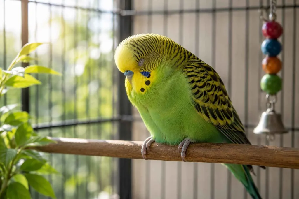 A budgerigar dozes peacefully on a wooden perch inside its cage during the day. Soft natural sunlight filters through the room, creating a calm, relaxing atmosphere while the bird rests with its eyes closed.