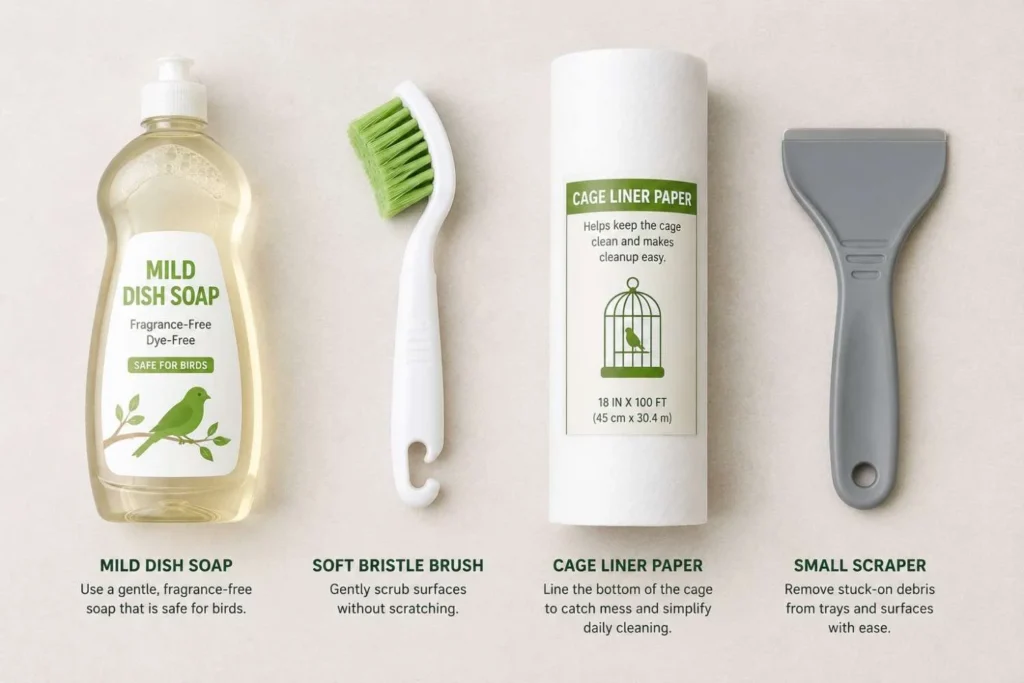 Flat lay of essential bird cage cleaning tools including mild dish soap, a soft bristle brush, cage liner paper, and a small scraper on a neutral background.