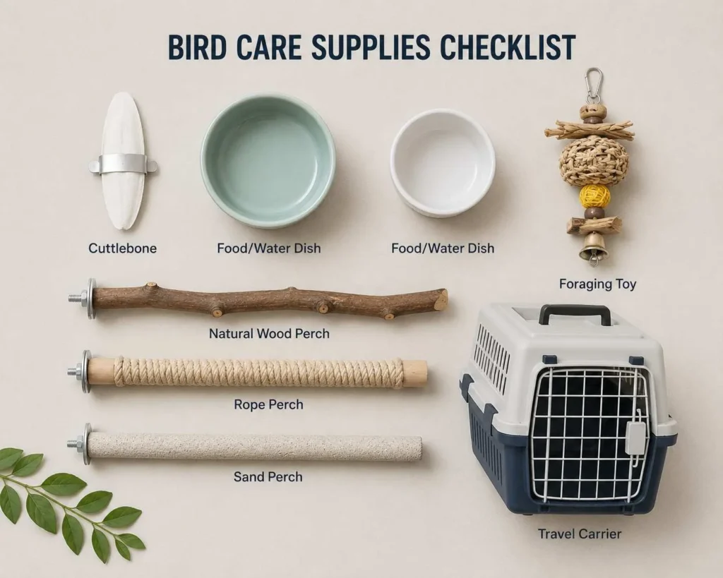 Flat-lay of essential pet bird care supplies including a cuttlebone, two food and water dishes, a foraging toy, varied-texture perches, and a travel carrier arranged neatly on a neutral background.