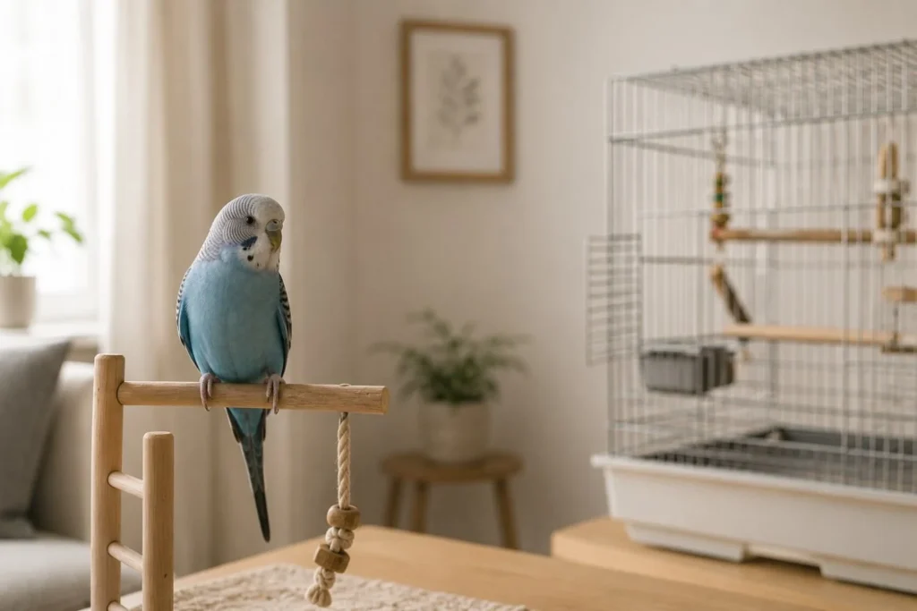 Newly homed pet bird perched quietly near its cage in a calm living room, showing a cautious but relaxed posture during its first days at home.